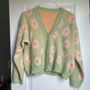 Flower V-Neck Green Cardigan